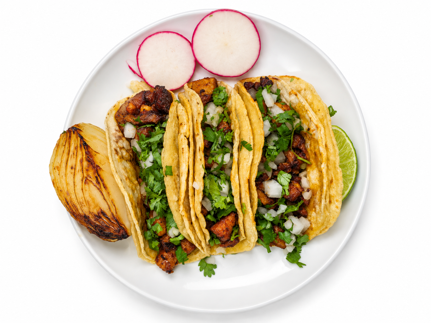 Overhead view of a plate of tacos