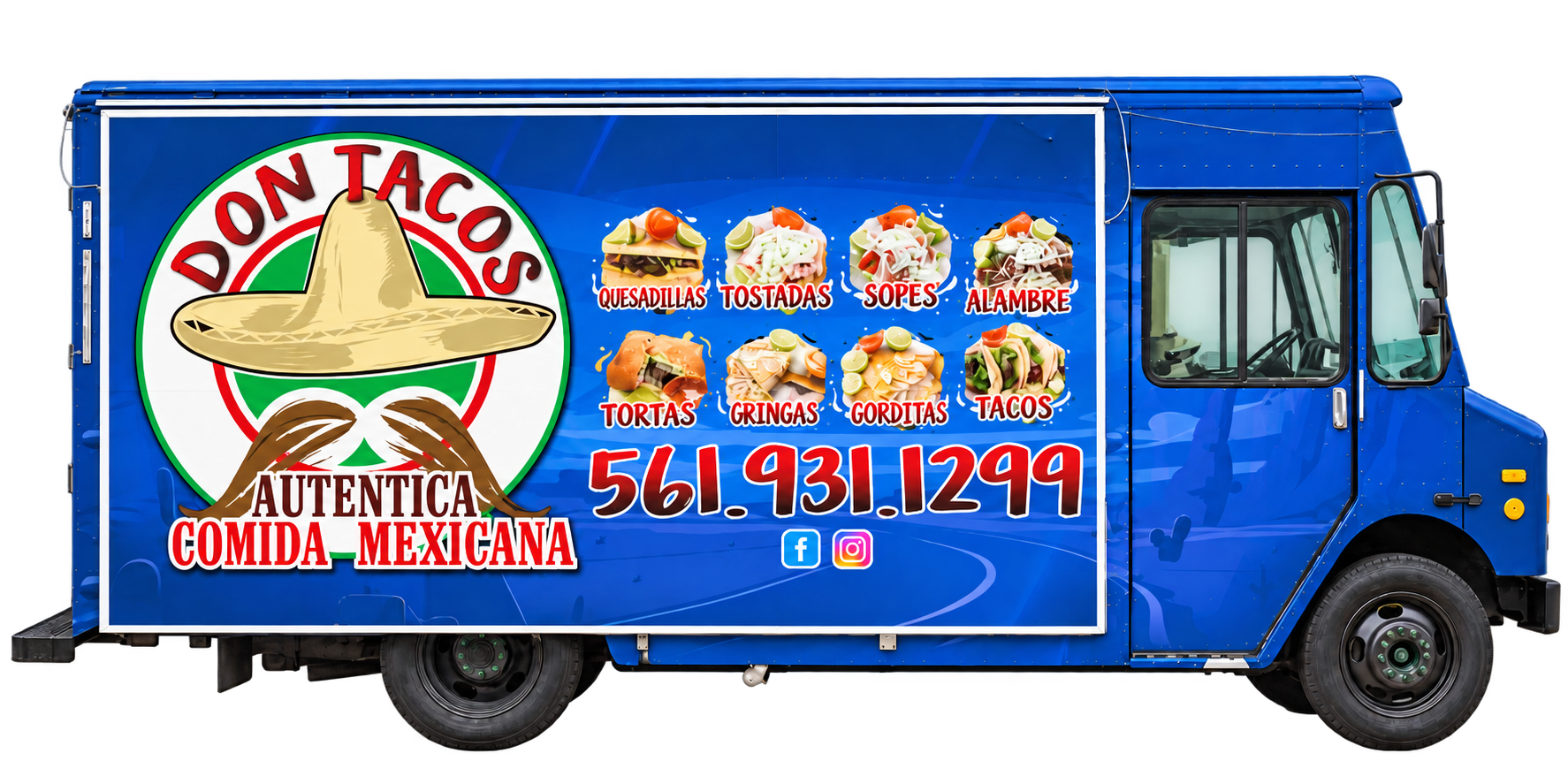 Blue Don Tacos food truck viewed from the side